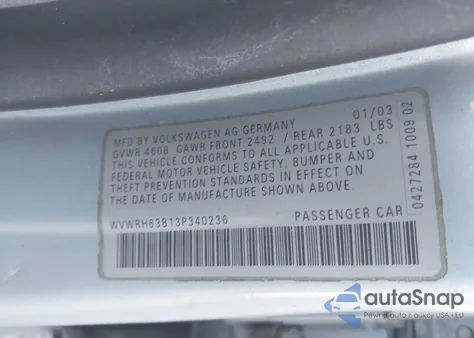 2003 Volkswagen Passat Glx from USA, damaged, VIN WVWRH63B13P340236